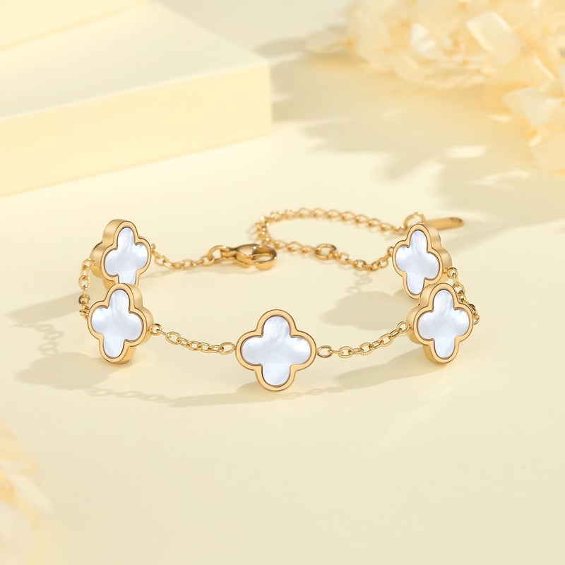 HAITTY 18K Gold Plated Clover Bracelet Set for Women White/Black/Gold/Silver/Green/Pink Adjustable Link Double-Sided Lucky Bracelets Trendy Bracelets Set Jewelry Gifts for Women Men - Image 4